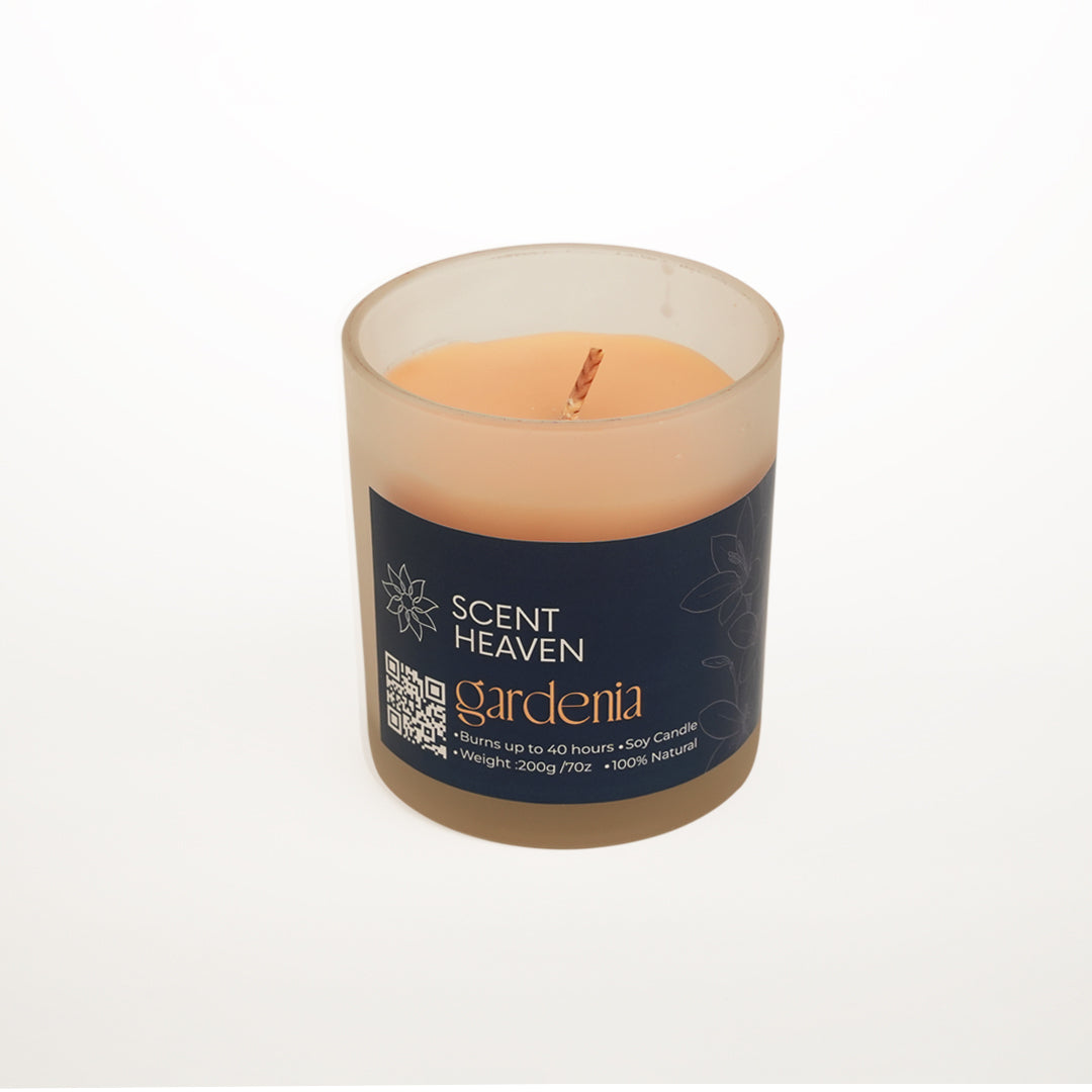 Scented candle with 'Scent Heaven' branding on a white background