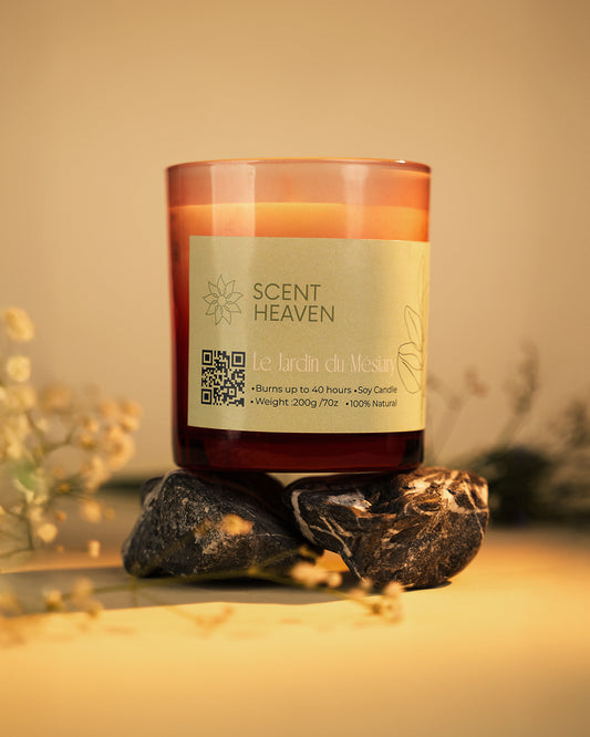 Candle with 'Scent Heaven' label on a warm background