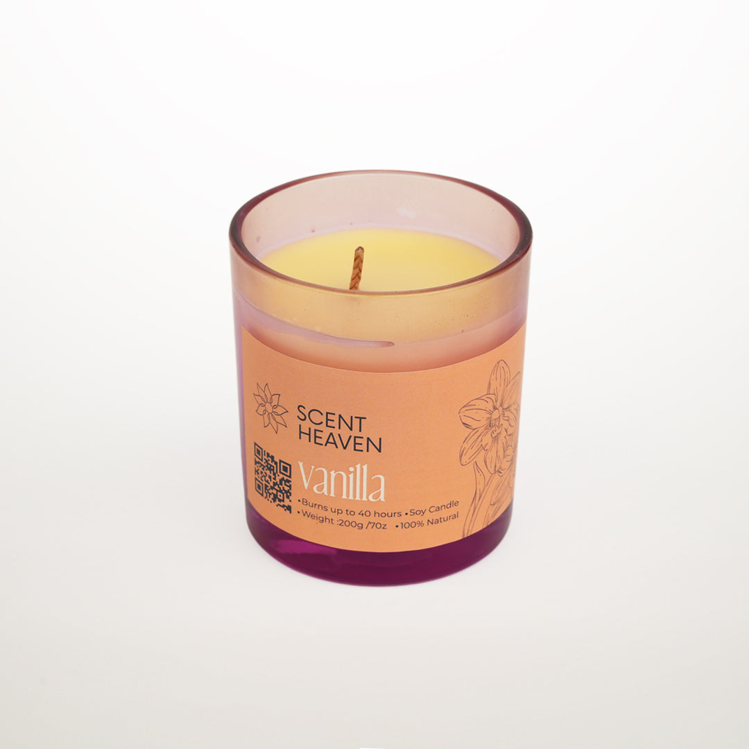 Vanilla scented candle with 'Scent Heaven' branding on a white background
