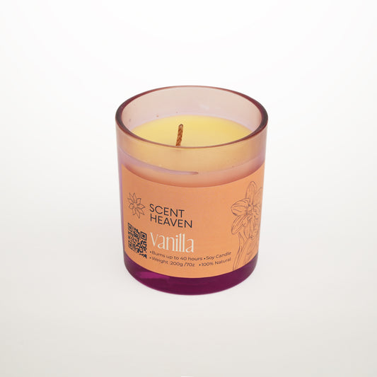 Vanilla scented candle with 'Scent Heaven' branding on a white background